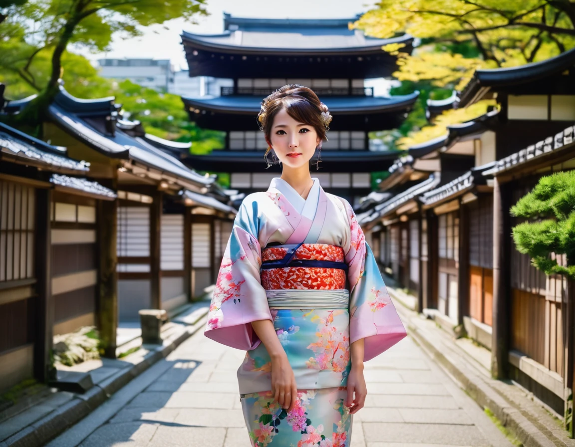 This image depicts a beautiful young woman in traditional Japanese clothing., kimono, Standing in front of the old, Beautiful avenue leading to a multi-storey pagoda. The setting seems to be a historical region of Japan., Probably Kyoto, It is known for its well-preserved neighborhoods with buildings like this one.. kimonoはピンク色で、The belt has a detailed pattern., The woman's hair is elegantly styled, Enhance the authenticity of cultural costumes. The background is vibrant with the warm colors of the wooden buildings and a blue sky dotted with clouds.。. The tower in the background and the surrounding greenery, Contains pink flowers, Enhance the traditional and calm atmosphere of the scene. bright, a sunny day, The woman's satisfied expression、It suggests that you are spending peaceful and contemplative moments enjoying the beauty of your surroundings.。.