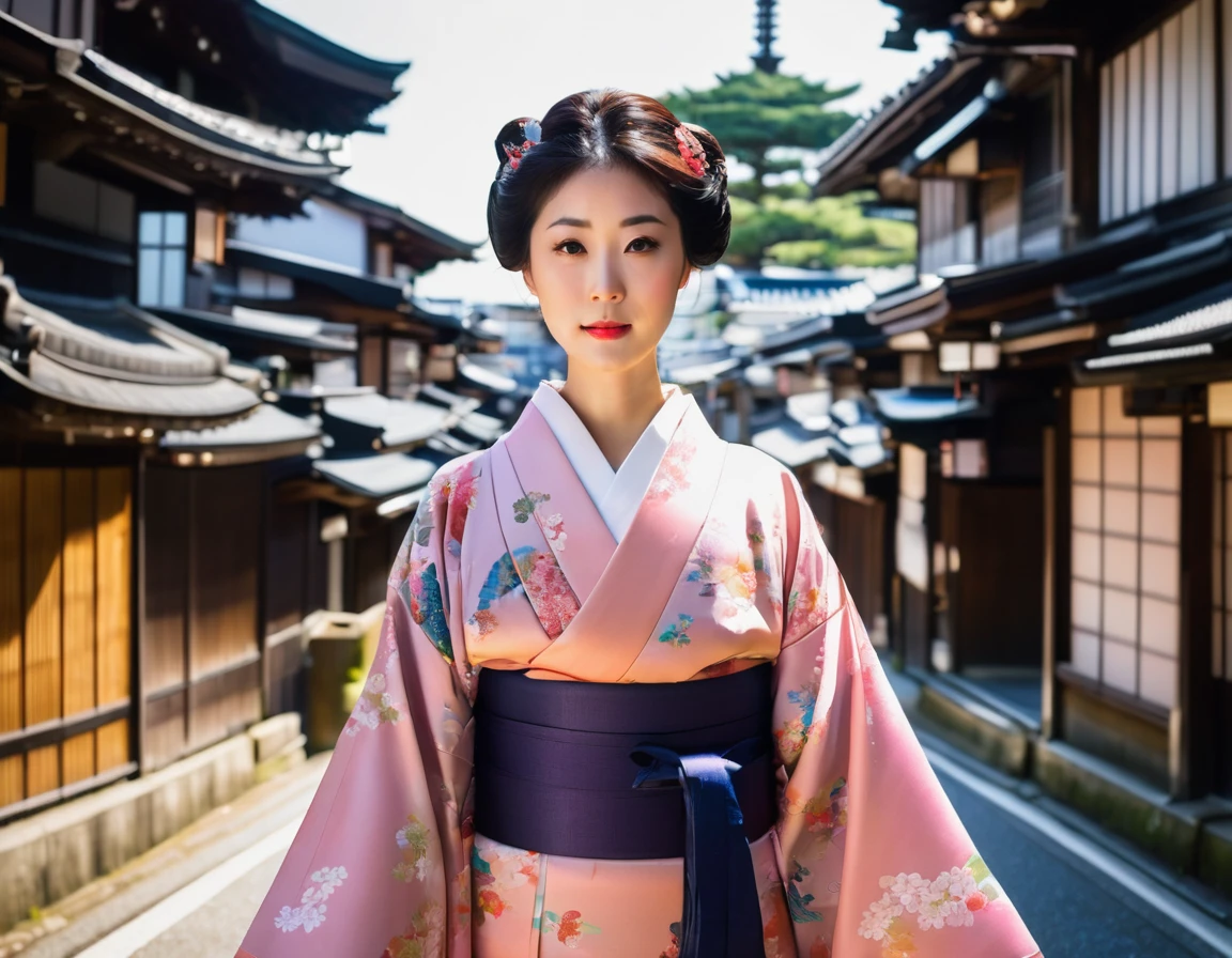 This image depicts a beautiful young woman in traditional Japanese clothing., kimono, Standing in front of the old, Beautiful avenue leading to a multi-storey pagoda. The setting seems to be a historical region of Japan., Probably Kyoto, It is known for its well-preserved neighborhoods with buildings like this one.. kimonoはピンク色で、The belt has a detailed pattern., The woman's hair is elegantly styled, Enhance the authenticity of cultural costumes. The background is vibrant with the warm colors of the wooden buildings and a blue sky dotted with clouds.。. The tower in the background and the surrounding greenery, Contains pink flowers, Enhance the traditional and calm atmosphere of the scene. bright, a sunny day, The woman's satisfied expression、It suggests that you are spending peaceful and contemplative moments enjoying the beauty of your surroundings.。.