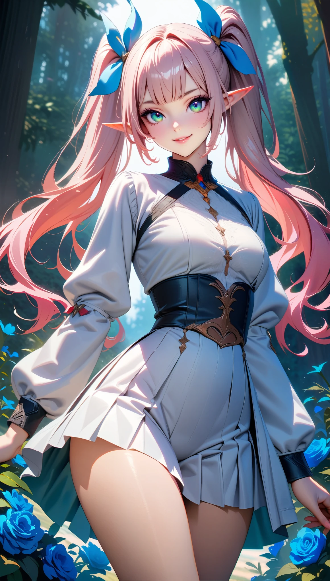 Masterpiece, Best Quality, Super Detailed, High Definition, Expensive Resolution, HDR, Masterpiece, Realistic, Depth, Fine Texture, Super Fine, Complete concentration, (very pretty anime elf girl), (A beautiful Gothic elf female, young elf, elf girl, cute girl, young girl), smirk, smile, (beautiful details white chic top, ribbon, medium pleated skirt, puffy long sleeves, white cloak), emerald eyes, Long eyelashes, eyeliner, massive thick thighs, wide hips, narrow waist, ( light pink hair, (light hair, twin tails, long hair), bangs, gradient hair), shiny hair, (In the middle of a field of roses, posing in a roses field), forest as background, fantasy art, 8k high quality detailed art, colorful fantasy mixed with realism, gothic art style, fantasy art style, a beautiful fantasy young elf, CGI anime fantasy artwork, charming,  seductive posture, vibrant colors, smiling in a confident, gentle smile, beautiful detailed eyes, beautiful detailed lips, extremely detailed eyes and face, long eyelashes, vivid colors, professional, ultra-detailed, intricate details, volumetric lighting, lens flare, particles,(white and platinum colour schemes), Mysterious, mystical