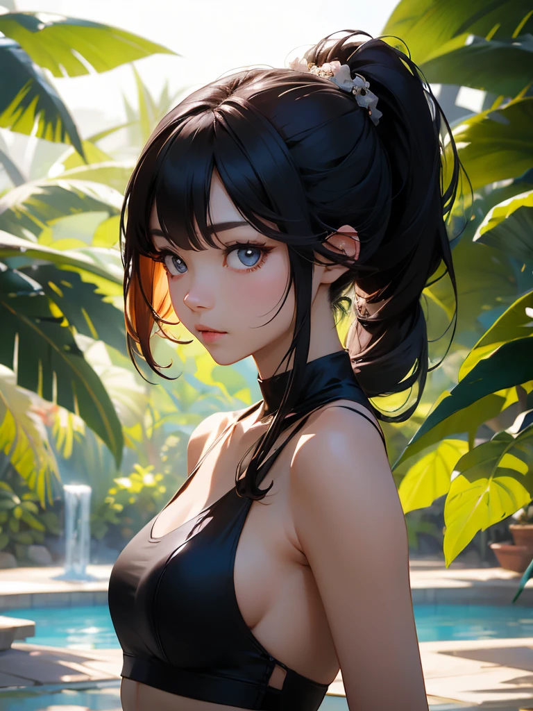 1girl,a beautiful fashion model ,(masterpiece, official art, best quality) (blue eyes) ,long and shiny hair, black hair, long ponytail, hair strand between eyes, full lips, upturned nose ((((tan skin, bronze skin, 1.3)))), big , stripping, elegant makeup, exhibitionism, naked in public, akali, slim thighs, toned body, shiny skin, sexy pose, blue eyes,(( (slender, skinny, slim))), gold hoop earrings, pink eyeshadow, cute face, innocent, blush