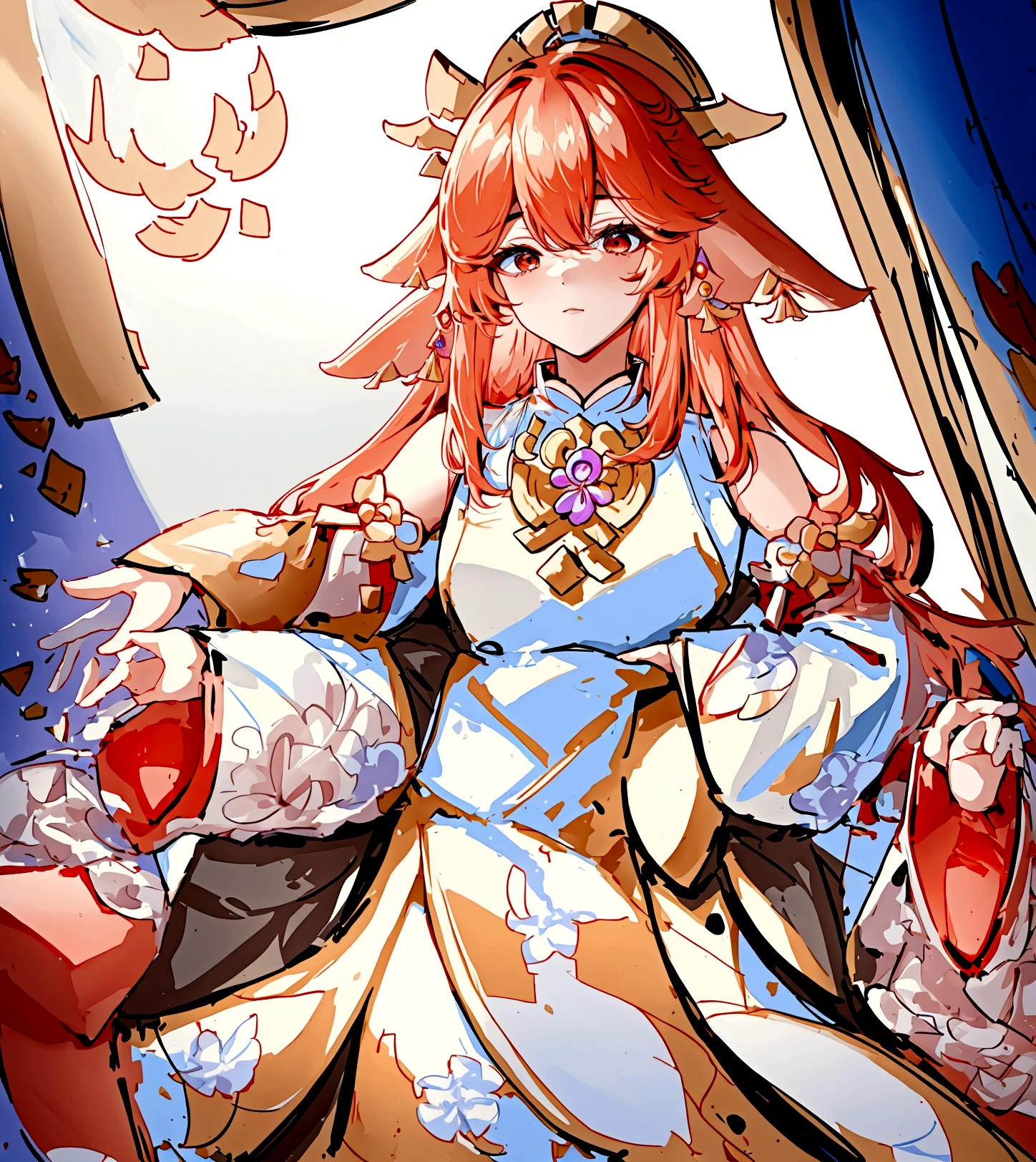 ((최고의 품질)), ((걸작)), (상세한), 여자 1명, Orange color hair , black highlights hair , Long and wavy flowing freely hair ,tiger ears on top of the head , red eyes , Calm and gentle eyes , Fair complexion skin , Traditional Korean hanbok , Cream-colored with intricate patterns and details hanbok , Full skirt typical of a hanbok , Complementary colors and patterns to the top, flowing gracefully hanbok , Forest , Daytime with clear skies , The character is standing gracefully in the forest, blending the traditional elegance of the hanbok with the serene natural surroundings