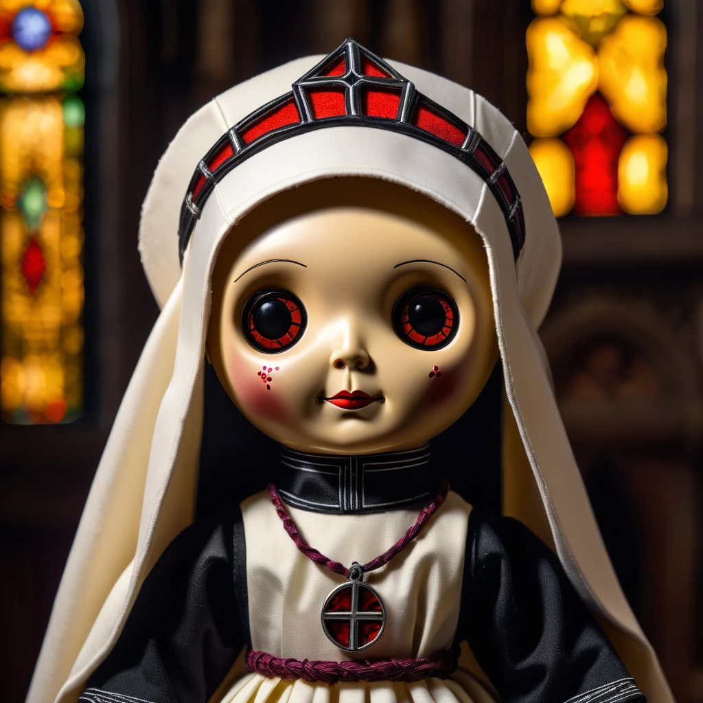 (knitted toy voodoo doll:1.7), (voodoo nun doll:1.4), (glowing halo above head:1.6), (Clothing: traditional monastic cassock:1.0), (Accessories: small cross:1.1), (background: ancient cathedral with stained glass windows and soft, holy light:1.2), best quality, masterpiece, detailed soft oil painting, detailed background, dramatic cinematic lighting, soft edge lighting, professional, dramatic lighting, hard edge lighting, ultra quality, 4k, masterpiece, best quality, 8k, ultra high definition, high resolution, extremely detailed