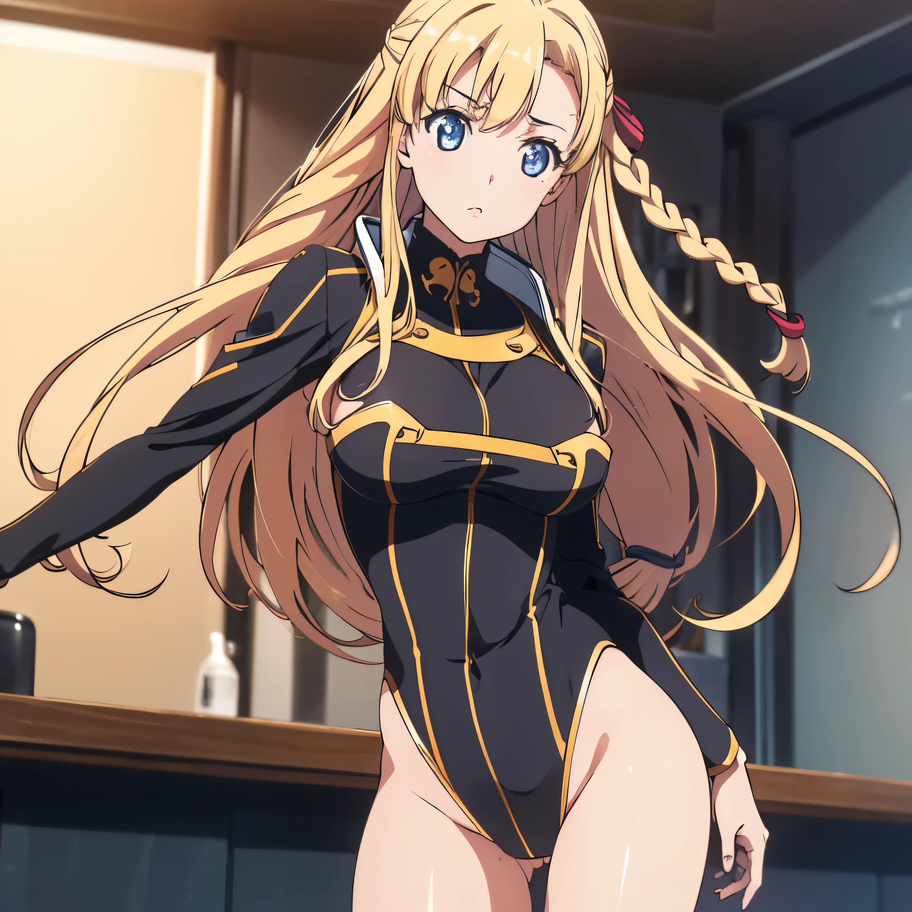 ultra-detailed, Explicit, Beautiful body, Beautiful Nose, Beautiful character design, perfect eyes, perfect face, ultra highres, 4K, beautiful legs, perfect legs, Nice hands, Perfect hand, Masterpiece, Best Quality, Highly detailed, illustration, absurdres, perfect anatomy, BOOTS, THIGH BOOTS, BODYSUIT, LEOTARD, HEADSET, absurdres, highres, solo, cowboy shot, 1girl, perfect hands, wind, (highres,best_quality,masterpiece), hair ornament, large breast, huge breast, wilhelmina braunschweig ingenohl friedeburg, long hair, blue eyes, blonde hair, braid, hair braid, single braid, ribbon, hair ribbon, side braid
