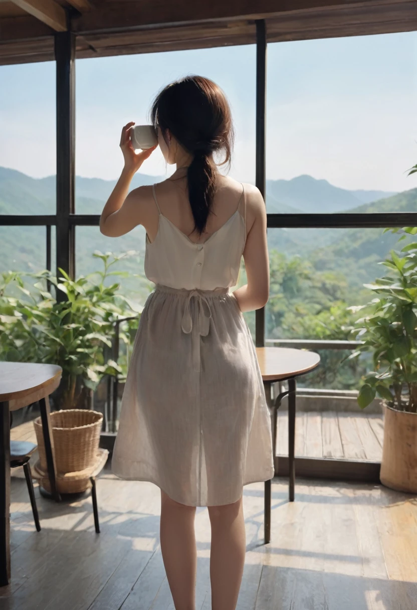 Back view of a woman drinking coffee、Cafe、noon、
Strengthen, Complex, (Highest quality, masterpiece, Representative works, Official Art, Professional, unity 8k wallpaper:1.3)