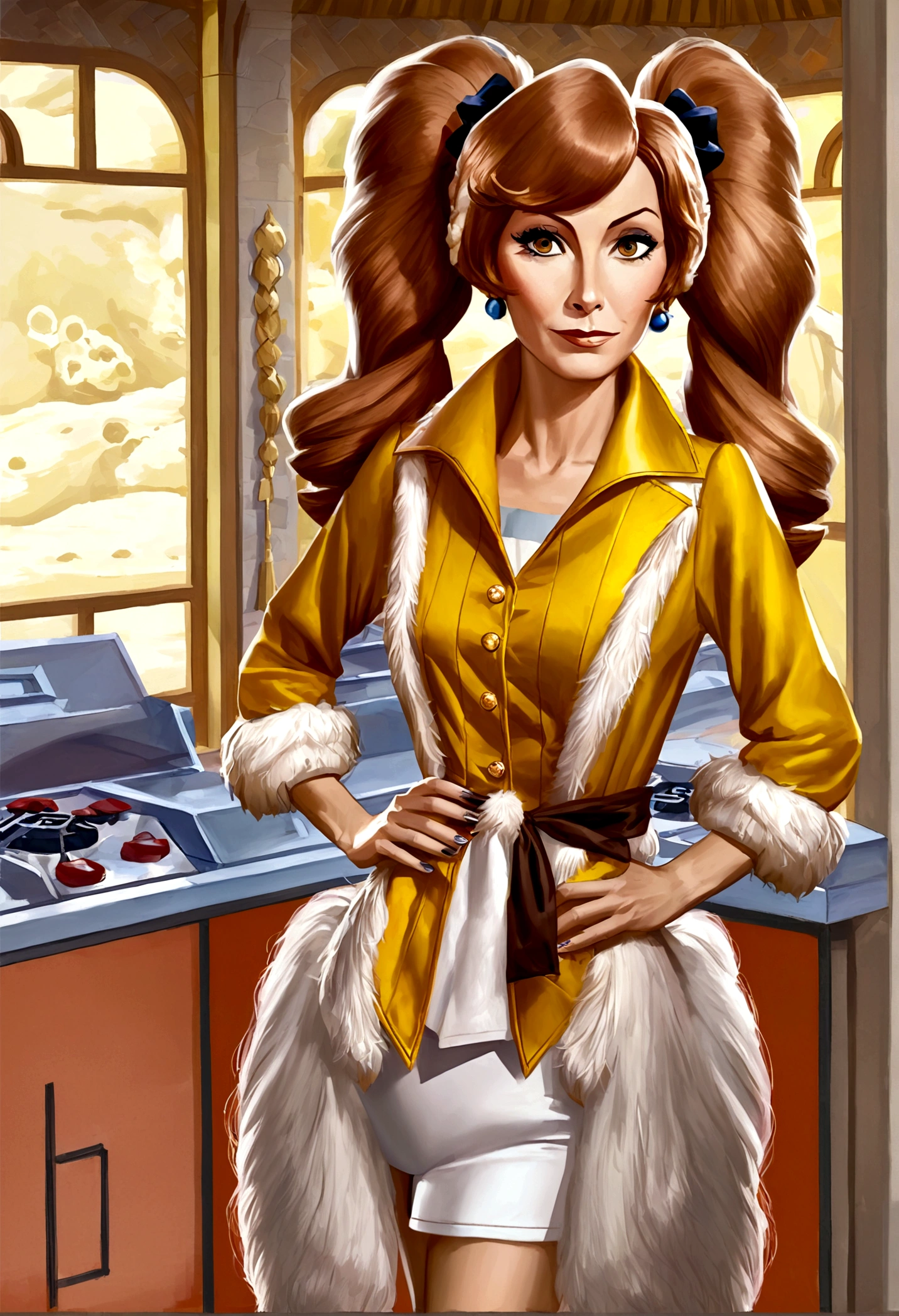 Wilma Flintstone (gates McFadden, age 30, twintails, bone in hair, fur 2 piece outfit, casual pose hands on hip, slightly annoyed) in a Bedrock house with animal appliances