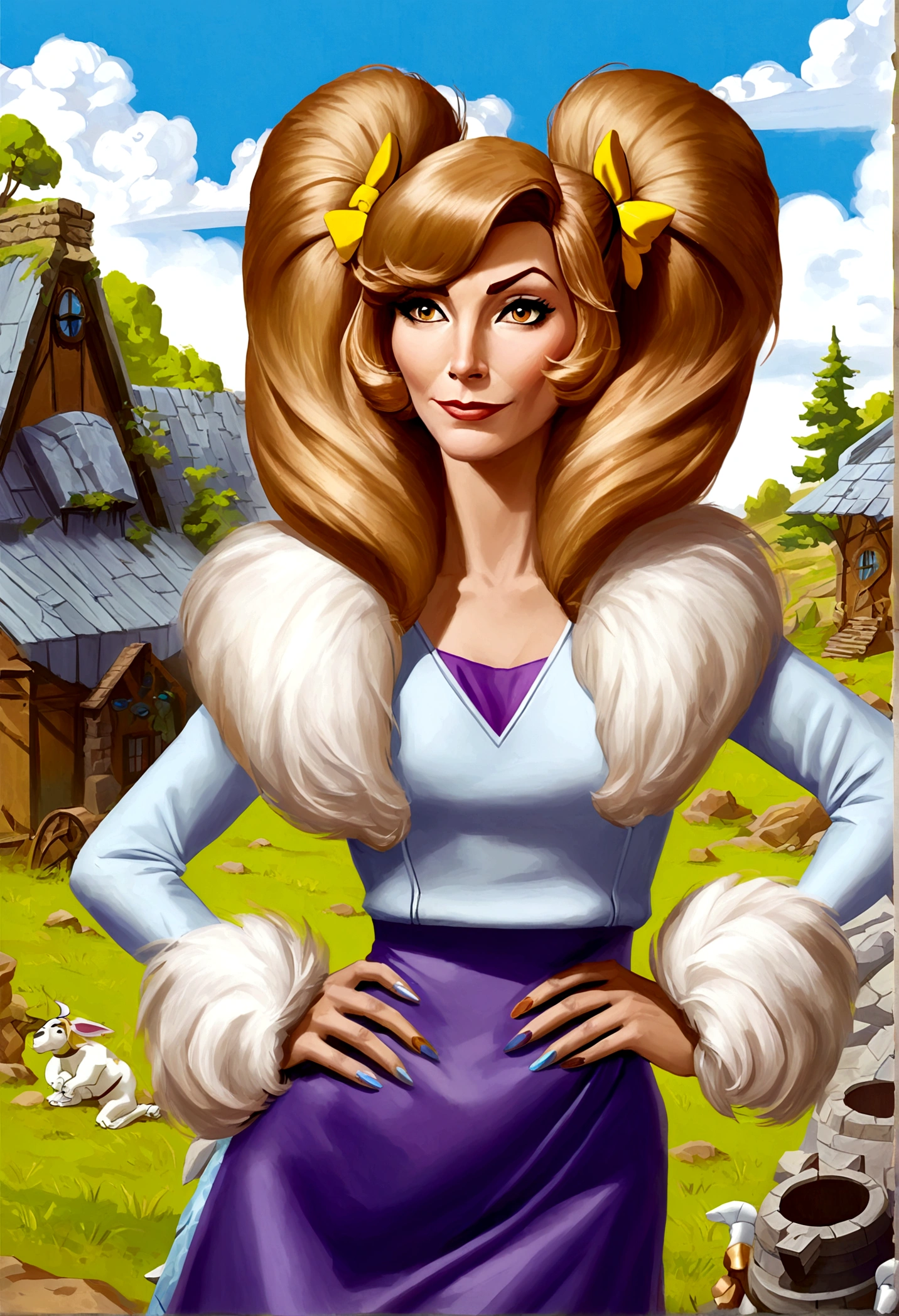 Wilma Flintstone (gates McFadden, age 30, twintails, bone in hair, fur 2 piece outfit, casual pose hands on hip, slightly annoyed) in a Bedrock house with animal appliances