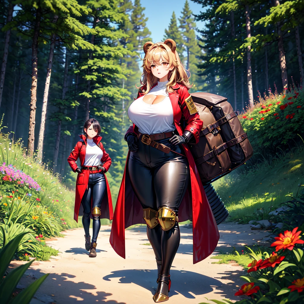 young Korean woman, golden eyes, sandy hair, tanned bronze skin, huge chest, wearing a red coat with rolled up sleeves, heavy steel gold armor, wide leather belt, black leather pants with steel thigh guards, steel plate gloves, hiking backpack, comes with a red bear along a path overgrown with flowers, surrounded by a coniferous forest,