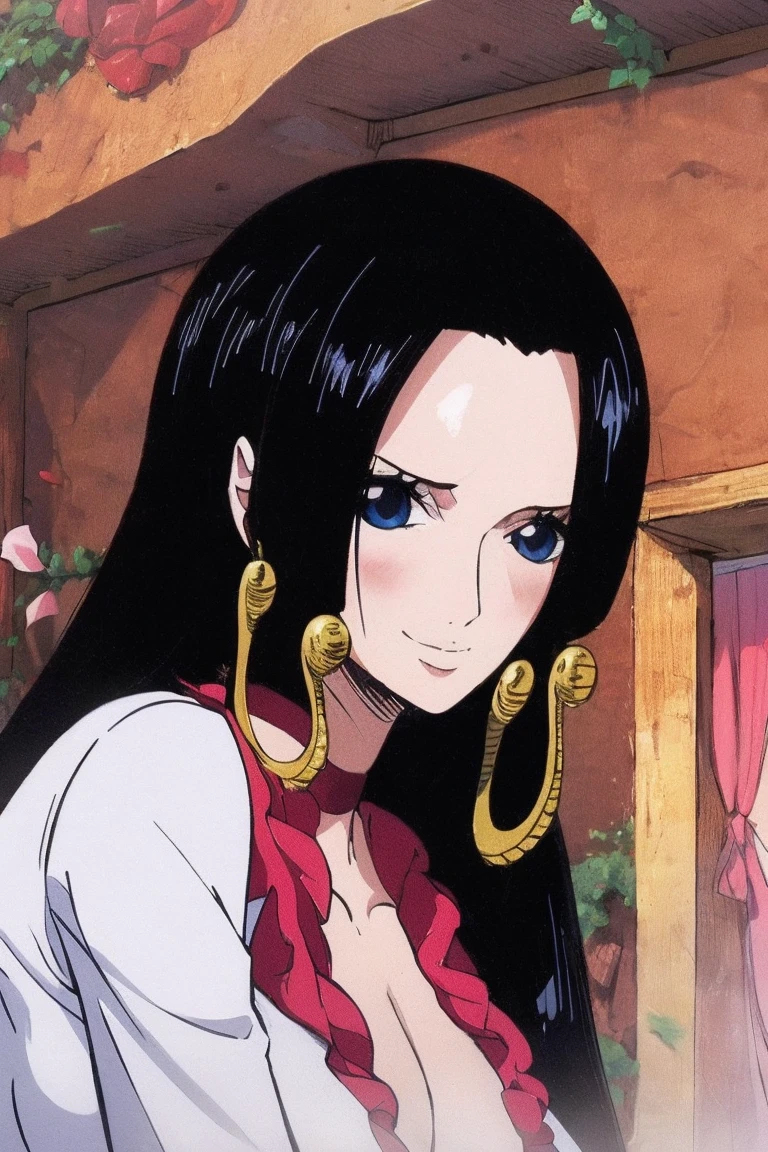 best quality, masterpiece, highly detailed,1girl, ((rose)), (vine), cage, bandage, red rope, (detail light), falling rose petals, Boa Hancock,, (masterpiece:1.5), Detailed Photo, Smiling,(8K, Photorealistic, Best Quality: 1.4), (1girl), Beautiful Face, (anime realistic Face), (Black Hair, long Hair: 1.3), Beautiful Hairstyle, Realistic eyes, beautiful detail eyes, (realistic skin), beautiful skin, (sweater), absurd, attractive, ultra high resolution, ultra realistic, high definition, golden ratio, backwards, looking back
