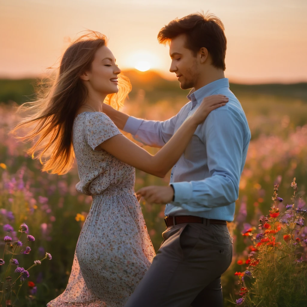 Beautiful girl and guy dancing, love field, wildflowers, sunset, soft light , breeze, beautiful nature, professional photo