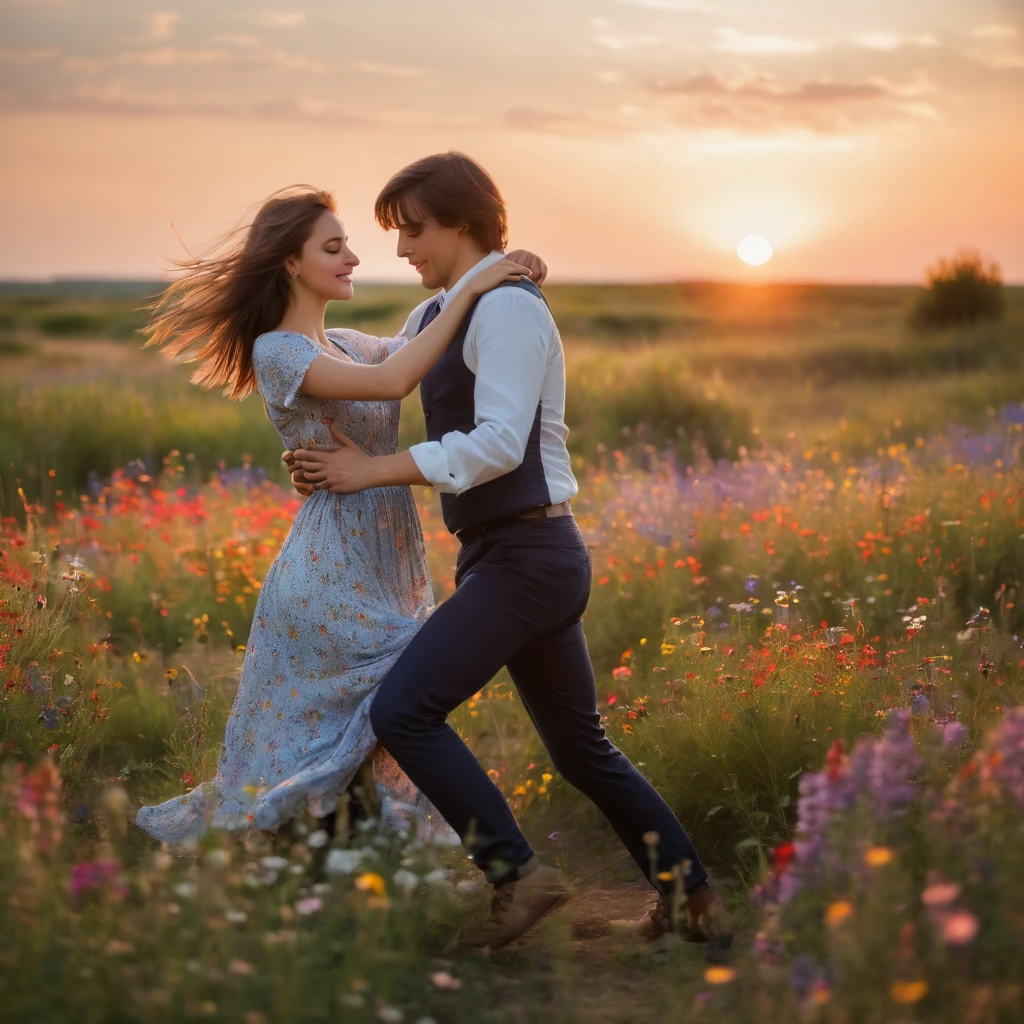 Beautiful girl and guy dancing, love field, wildflowers, sunset, soft light , breeze, beautiful nature, professional photo