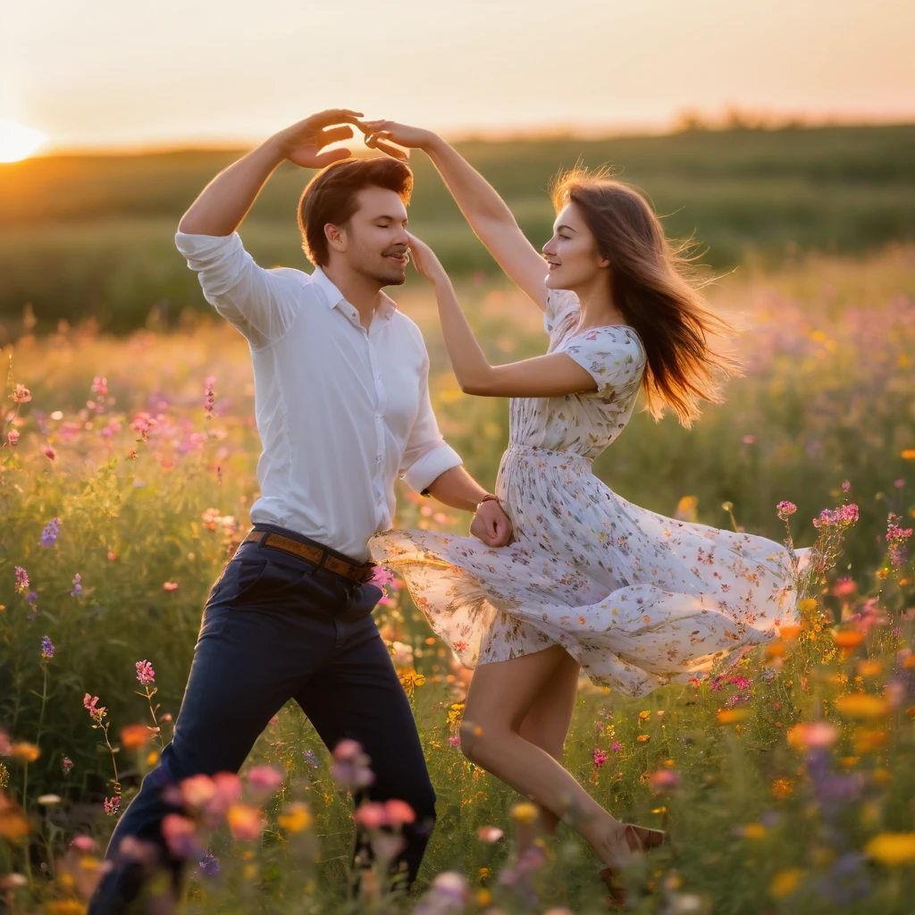 Beautiful girl and guy dancing, love field, wildflowers, sunset, soft light , breeze, beautiful nature, professional photo