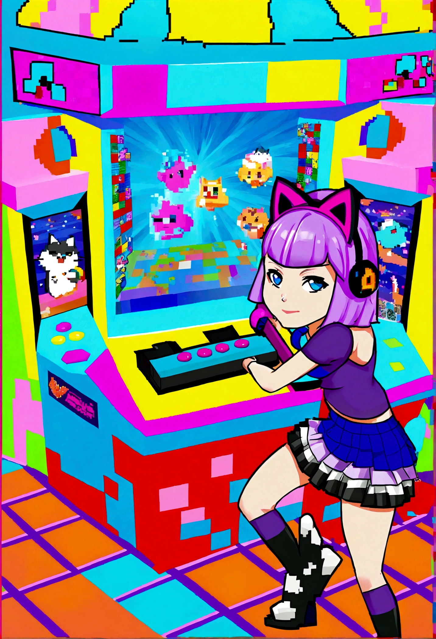 Twitch gamer (woman, 22, tight top, miniskirt, blaster rifle (comical oversized arcade style)) surrounded by cute cat-themed gadgets in a candy-colored, playful arcade wonderland