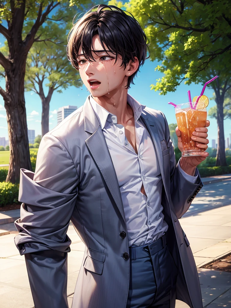 Highest quality,Highest Resolution,Beautiful boy in work clothes in the park,sunny,Open your mouth wide and drool,Tears,Sweat profusely,Muscular,(((Drink a drink)))