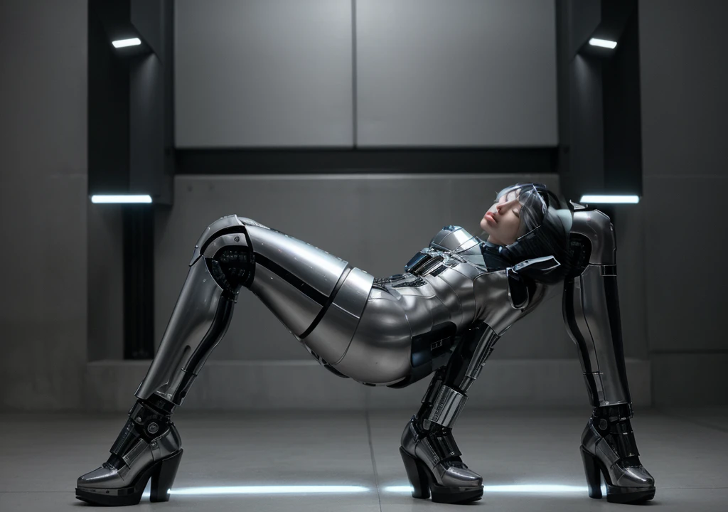 ```
Positive prompt: "Create a full-body image of a futuristic female cyborg with an elegant and sophisticated design. She is an adult woman, exuding both strength and grace. Her overall appearance should blend advanced technology with human-like features. Her body is a seamless integration of sleek metallic components and organic elements, showcasing advanced cybernetic enhancements. She is facing forward, and her entire body, including both arms and legs, is visible from head to toe.

Her facial features are refined and expressive, with lifelike eyes that convey intelligence and depth. Her hair, though artificial, has a realistic and stylish appearance, possibly incorporating metallic strands or futuristic elements.

Her attire should be a combination of futuristic armor and stylish clothing, reflecting her advanced nature. The design should highlight her agility and power, with sleek lines and a streamlined silhouette. Consider incorporating elements such as illuminated circuits, advanced interfaces, or holographic displays integrated into her outfit.

The color palette can include metallic silvers, deep blues, and hints of neon accents. The background should be a dark, futuristic interior with soft, ambient lighting to emphasize the advanced technology. The overall style should be hyper-realistic with intricate details.

Ensure the image shows her full body from head to toe, with both arms and legs clearly visible. Use a portrait aspect ratio to capture the entire figure. Specify 'full body shot' and 'entire body' to emphasize the need for a complete view. Make her appearance more mechanical and robotic, with visible gears, wires, and metallic textures throughout her body. Include details about her shoes or feet, such as 'wearing sleek metallic boots'."

Negative prompt: "cropped, out of frame, deformed, disfigured, poorly drawn face, poorly drawn hands, poorly drawn feet, blurry, low quality, bad anatomy, missing arms, missing legs, extra limbs, extra arms, ext