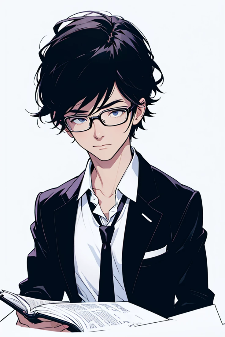 Keep the suit on. Add small reading glasses