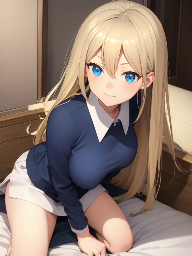Background Bedroom、Blue Eyes、Hairstyle: Medium-long blonde、Shy face、Big Breasts、Sit on the bed、CA Uniform