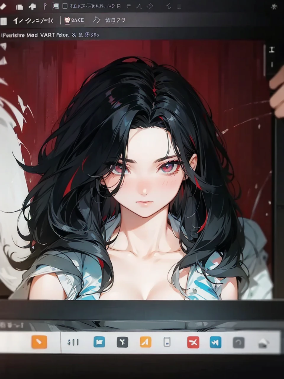 her hair is black and white, it is mix with curly and straight hair, add in some red streaks.