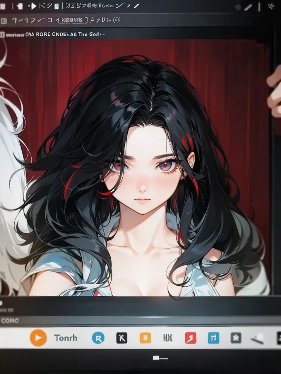 her hair is black and white, it is mix with curly and straight hair, add in some red streaks.