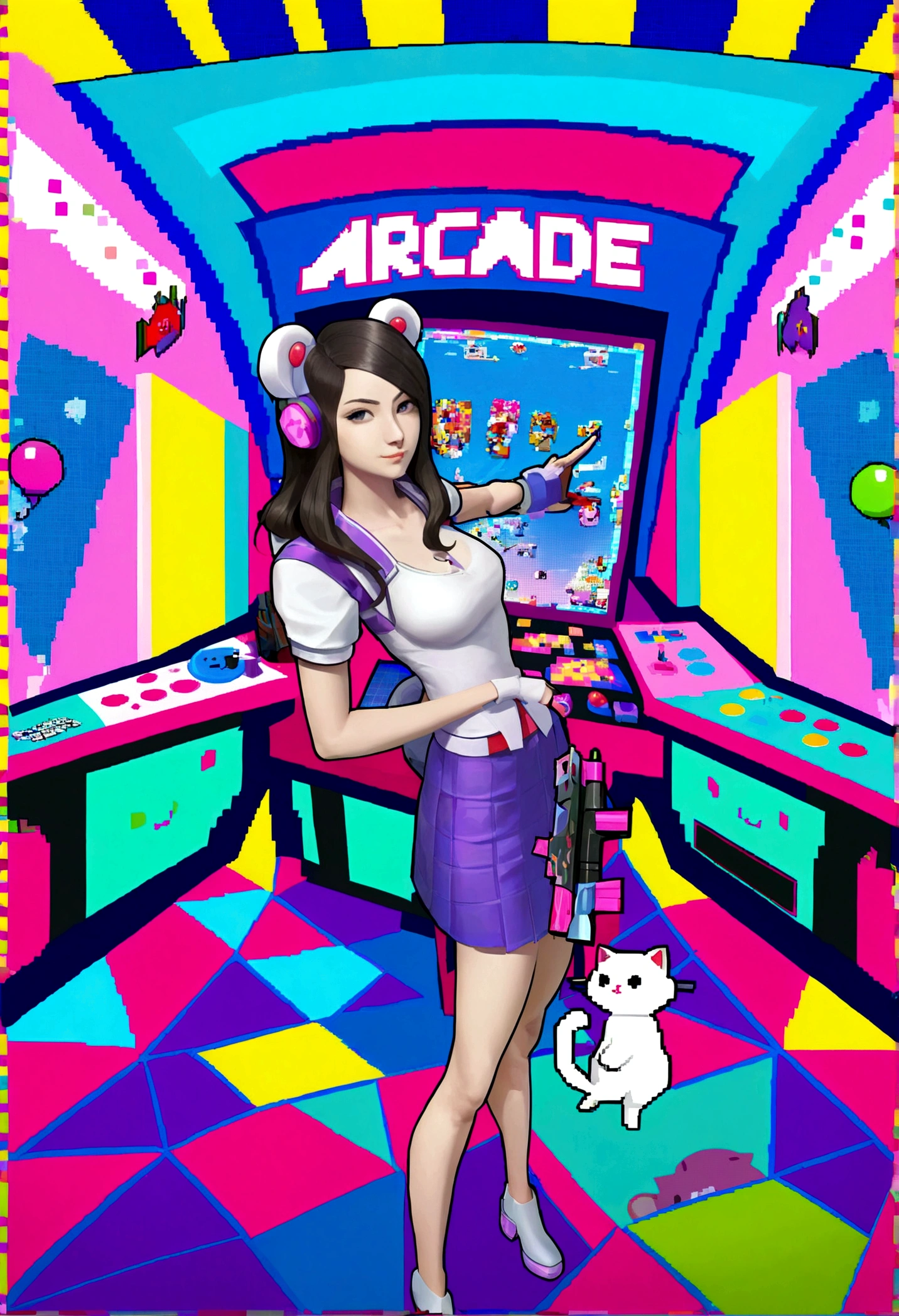 Twitch gamer (woman, 22, tight top, miniskirt, blaster rifle (comical oversized arcade style)) surrounded by cute cat-themed gadgets in a candy-colored, playful arcade wonderland