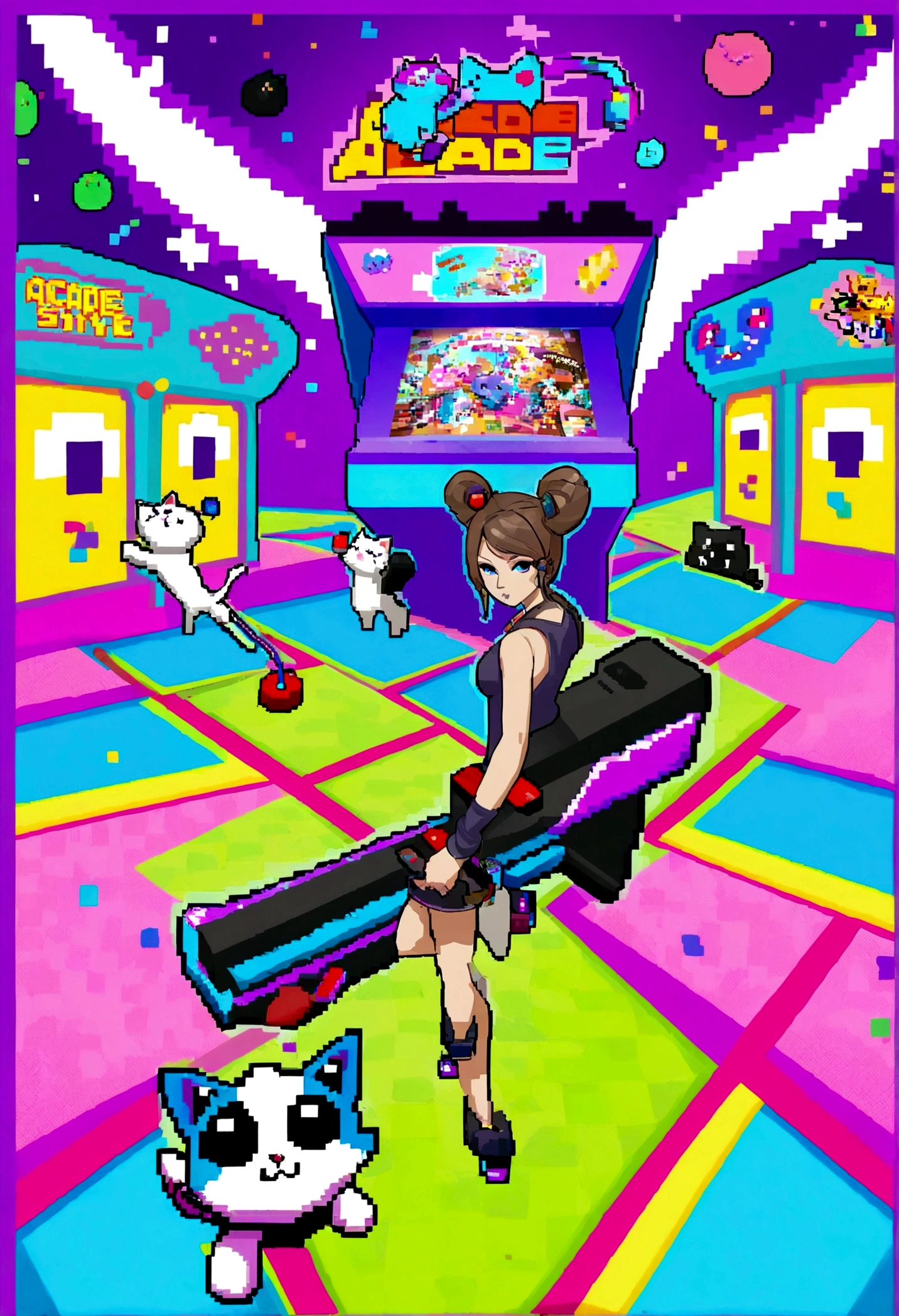 Twitch gamer (woman, 22, tight top, miniskirt, blaster rifle (comical oversized arcade style)) surrounded by cute cat-themed gadgets in a candy-colored, playful arcade wonderland