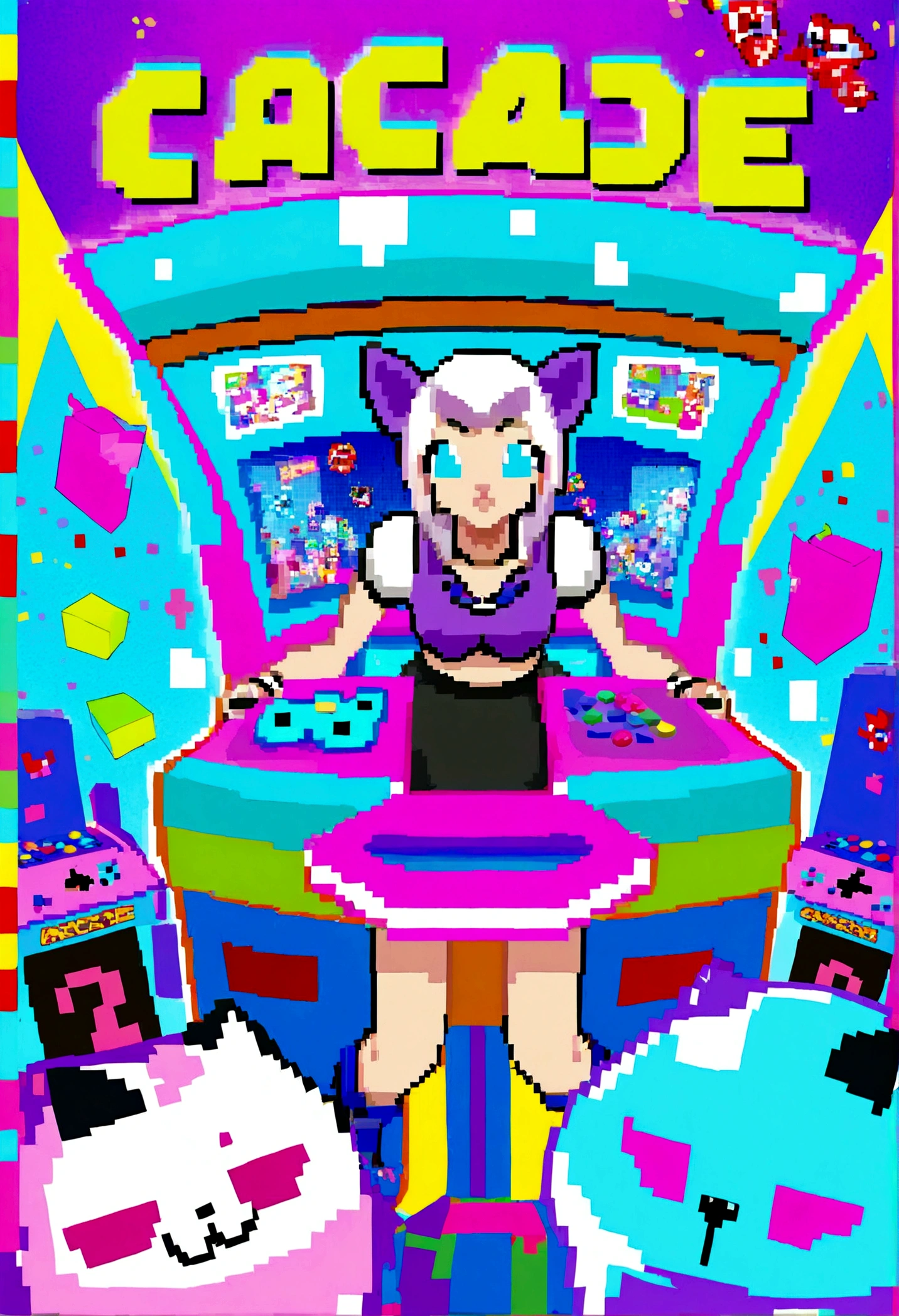 Twitch gamer (woman, 22, tight top, miniskirt, blaster rifle (comical oversized arcade style)) surrounded by cute cat-themed gadgets in a candy-colored, playful arcade wonderland