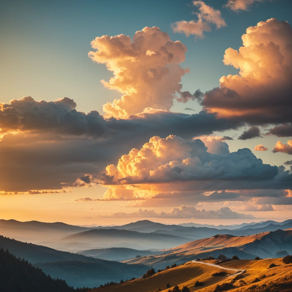 a beautiful landscape, a stunning sky with fluffy clouds, warm sunlight, yellow and golden tones, (best quality,4k,8k,highres,masterpiece:1.2),ultra-detailed,(realistic,photorealistic,photo-realistic:1.37),landscape,vivid colors,natural lighting,dramatic lighting,atmospheric,serene,peaceful,tranquil