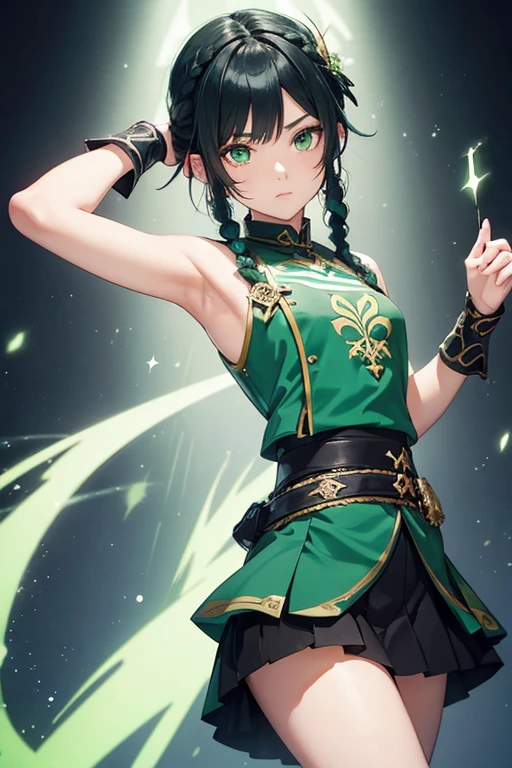 a boy with green clothes and green beret, green eyes, black hair with teal-chlored braids, in front of a black background, lady dust, Genshin Impact character, Genshin Impact Venti, Genshin Impact keqing, Ayaka Genshin Impact, delicate androgynous prince, style rune factory art 5, dust, wearing an ornate outfit, Fashion JRPG, genshin