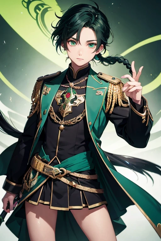 a boy with green clothes and green beret, green eyes, black hair with teal-chlored braids, in front of a black background, lady dust, Genshin Impact character, Genshin Impact Venti, Genshin Impact keqing, Ayaka Genshin Impact, delicate androgynous prince, style rune factory art 5, dust, wearing an ornate outfit, Fashion JRPG, genshin