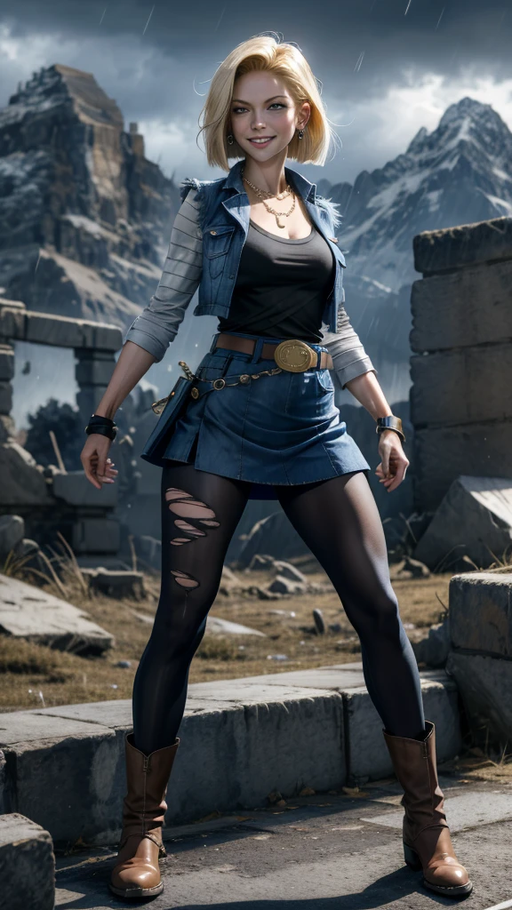 best quality, highres, and18, 1girl, android 18, solo girl, 1girl, blonde hair, blue eyes, belt, boots, tight blue demin skirt, gold_necklace, black shirt, short hair, long striped sleeves, earrings, open vest, denim vest, medium breasts, cowboy shot, mountains, straight-on, (weather: raining and windy), wet body, sexy smile, combat stance, full length pantyhose, battle ruins, wide hips, thick legs, torn clothes, closed fists,