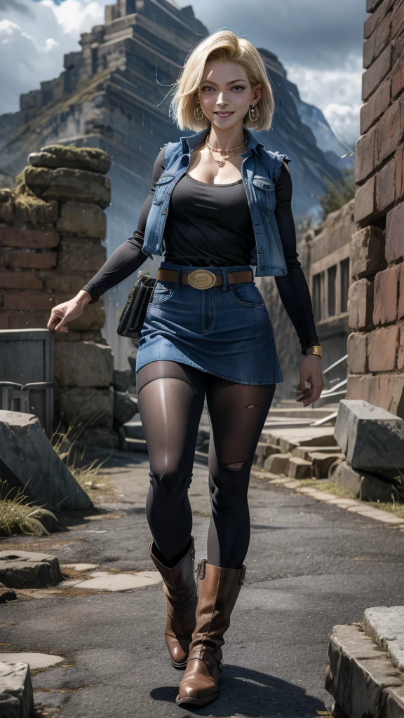 best quality, highres, and18, 1girl, android 18, solo girl, 1girl, blonde hair, blue eyes, belt, boots, tight blue demin skirt, gold_necklace, black shirt, short hair, long striped sleeves, earrings, open vest, denim vest, medium breasts, cowboy shot, mountains, straight-on, (weather: raining and windy), wet body, sexy smile, combat stance, full length pantyhose, battle ruins, wide hips, thick legs, torn clothes, closed fists,