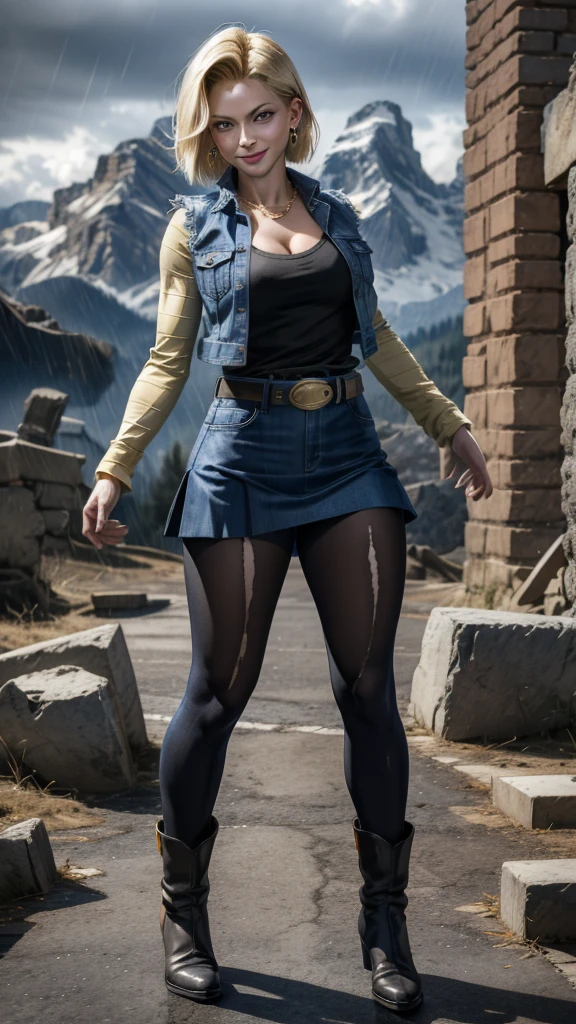 best quality, highres, and18, 1girl, android 18, solo girl, 1girl, blonde hair, blue eyes, belt, boots, tight blue demin skirt, gold_necklace, black shirt, short hair, long striped sleeves, earrings, open vest, denim vest, medium breasts, cowboy shot, mountains, straight-on, (weather: raining and windy), wet body, sexy smile, combat stance, full length pantyhose, battle ruins, wide hips, thick legs, torn clothes, closed fists,