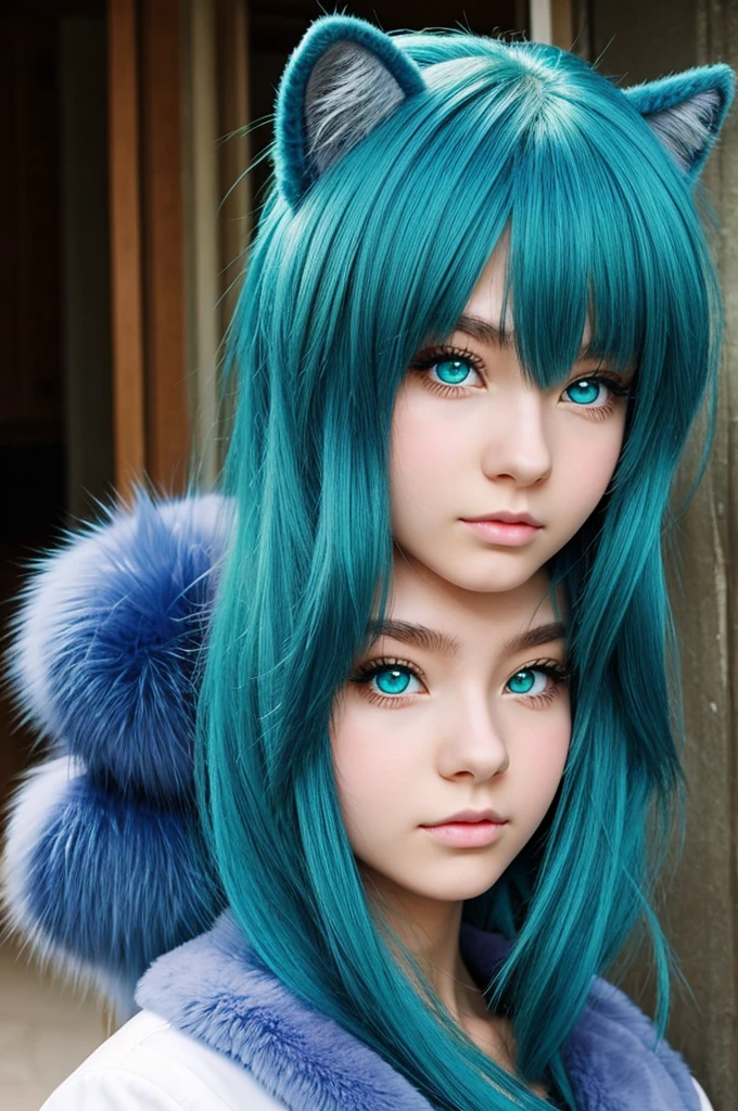 18 year old girl, blue fur, green eyes, anime style.