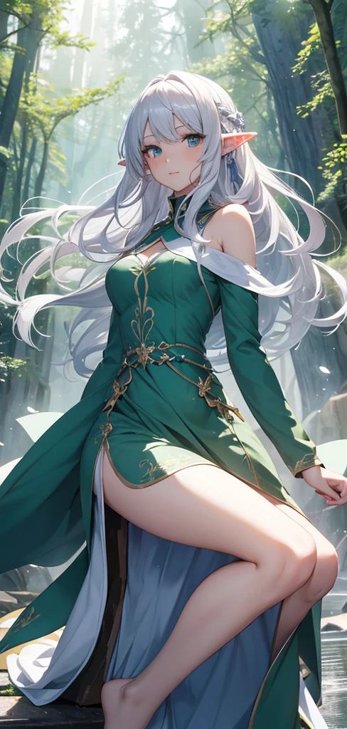 Elf　Very beautiful dress　Light　Silver Hair Girl　high and cold expression　Green Forest　magic　masterpiece超高清牛仔镜头 明亮的画面,暖色Light,神圣的Elf,Around 20 years old,Floating in the air,Top quality,Top image quality,masterpiece,