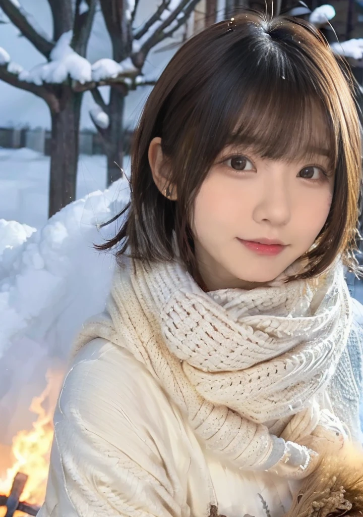 Show your teeth、大変smile、Girl warming herself by the bonfire Lens flare、Hair blowing in the wind、Medium Short Hair、Fluffy scarf in warm colors、Expressing the whiteness of one's breath、Photo from the waist up、Night city illumination shot、Cowgirl Shot、Fur coat、豪華なグレーのミンクのFur coat、Wear fine leather boots、Luxury Bags、Inner turtleneck、Silver necklace and small silver earrings Millionaire style:1.4))、Full body photo、smile、 Caustics、Highly detailed photos、Very beautiful woman 、Ample breasts、No makeup、(8K、RAW Photos、Highest quality、masterpiece:1.2)、(Realistic、Realistic)、1 Girl、((Medium Short Hair、Midwinter、Cold region Snow falling、The wind is blowing、Fluttering Hair、Blur the background、Colorful illuminations、Looking into the camera:1.4))、