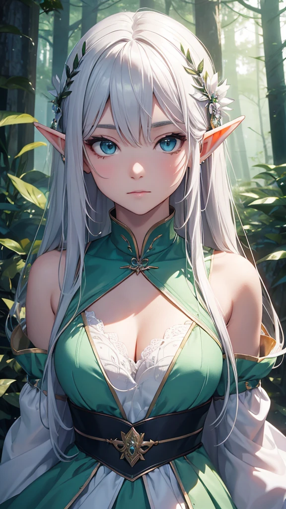 Elf Very beautiful dress Light Silver Hair Girl high and cold expression Green Forest magic masterpiece超高清牛仔镜头 明亮的画面,暖色Light,神圣的Elf,Around 20 years old,Floating in the air,Top quality,Top image quality,masterpiece,Exquisite facial details