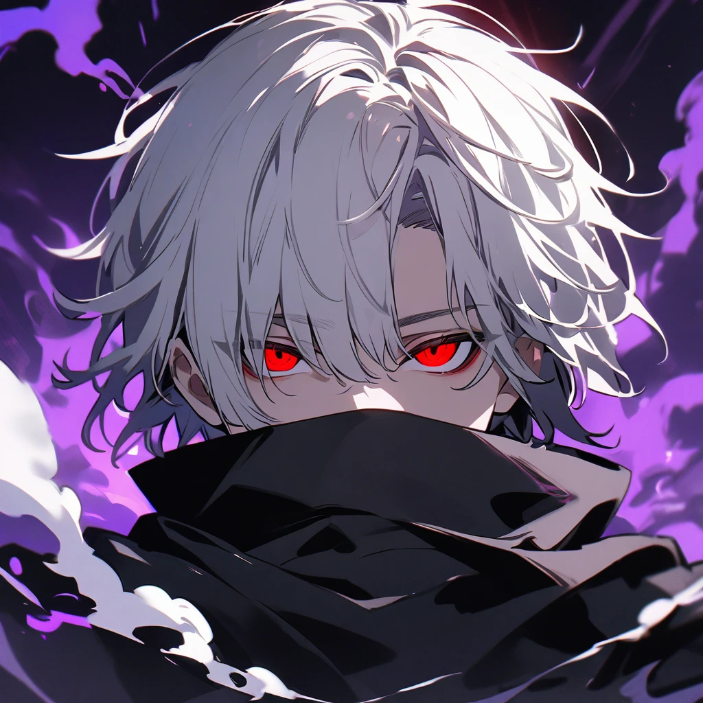 A boy with fair skin color, red eyes and short white hair with bangs covering his forehead. He wears a black mask that covers his mouth. The background is black with smoke and purple lights.