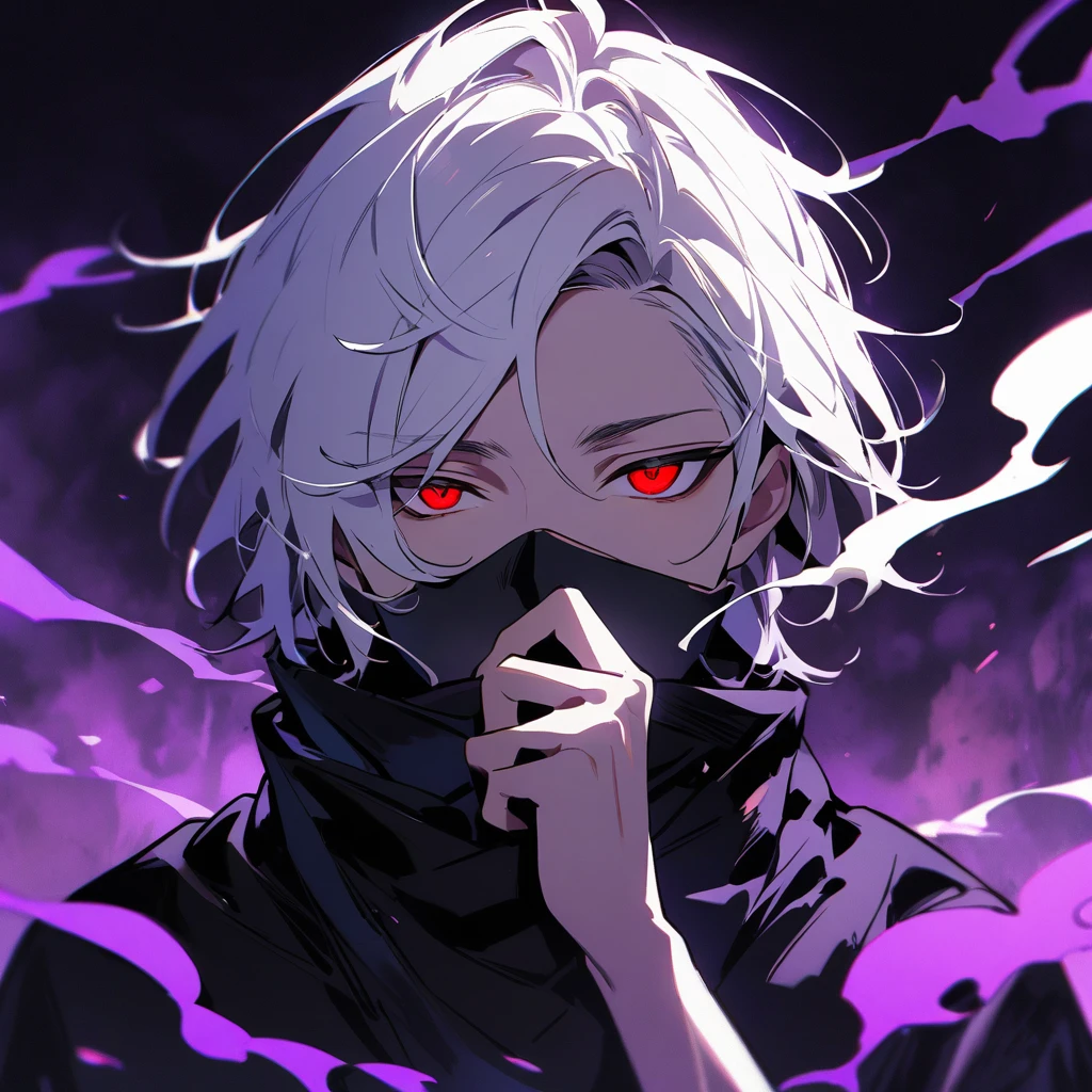 A boy with fair skin color, red eyes and short white hair with bangs covering his forehead. He wears a black mask that covers his mouth. The background is black with smoke and purple lights.