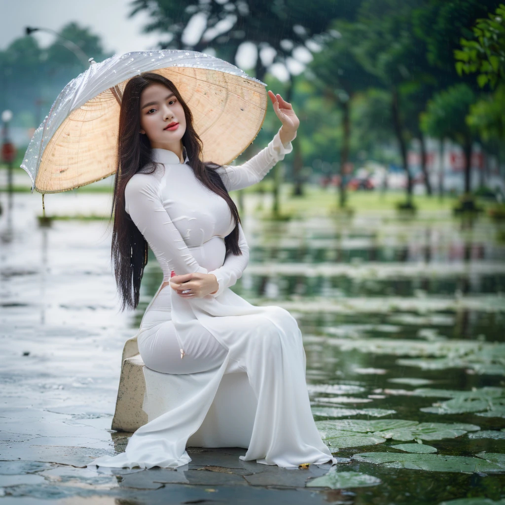 ((nude, big breasts, beautiful breasts, beautiful small nipples, sitting in the rain, 8k quality photo with good details)), wearing a white bra