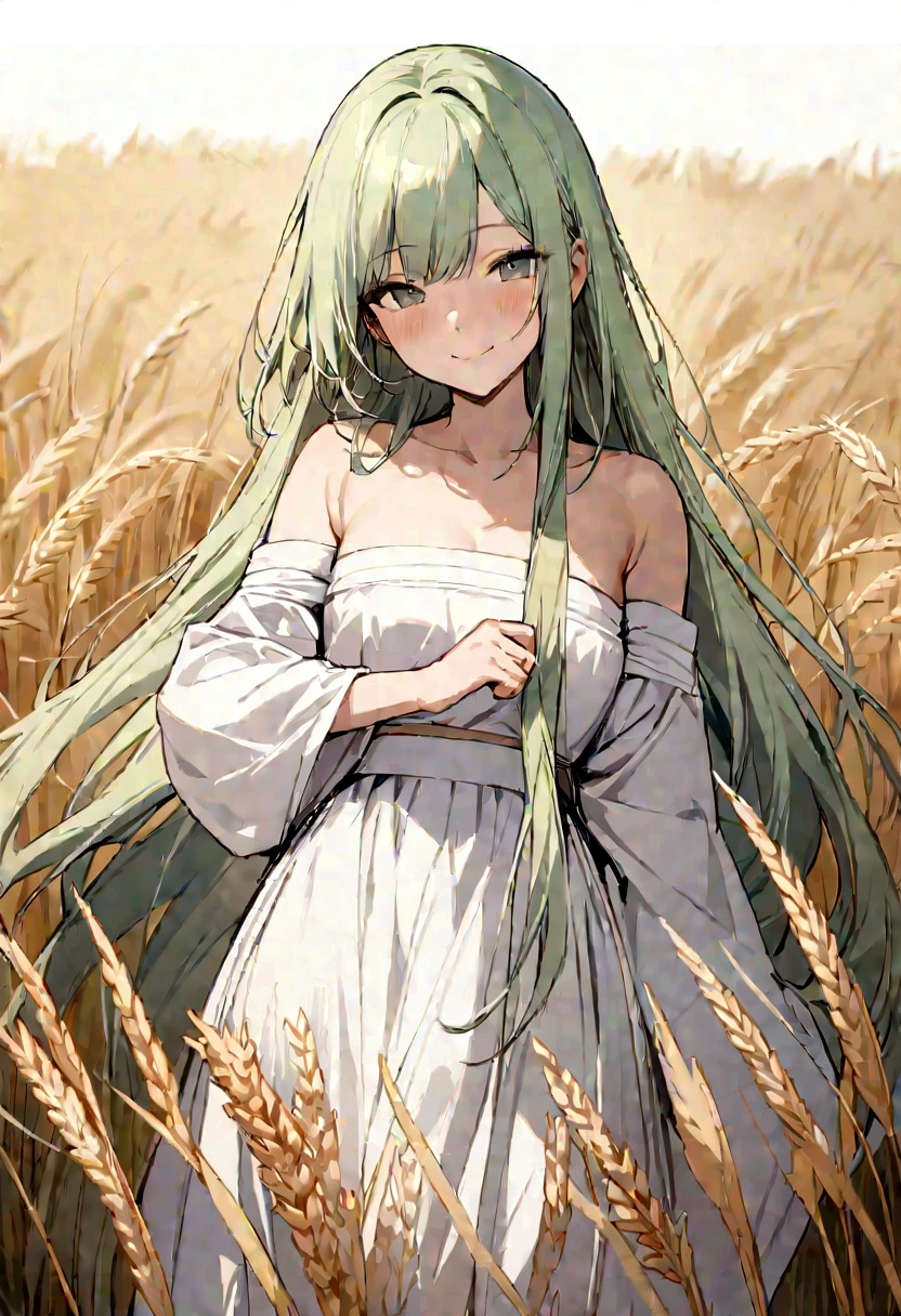 masterpiece, best quality, Ultra-high resolution, detailed illustration, portrait, detailed, 1 girl standing in a wheat field, Solitary, Long hair, skirt, flower, White Hanfu, Smile, whole body, white flower, Bare shoulders, very Long hair, Light green hair, Shut up, For the audience, Bangs,