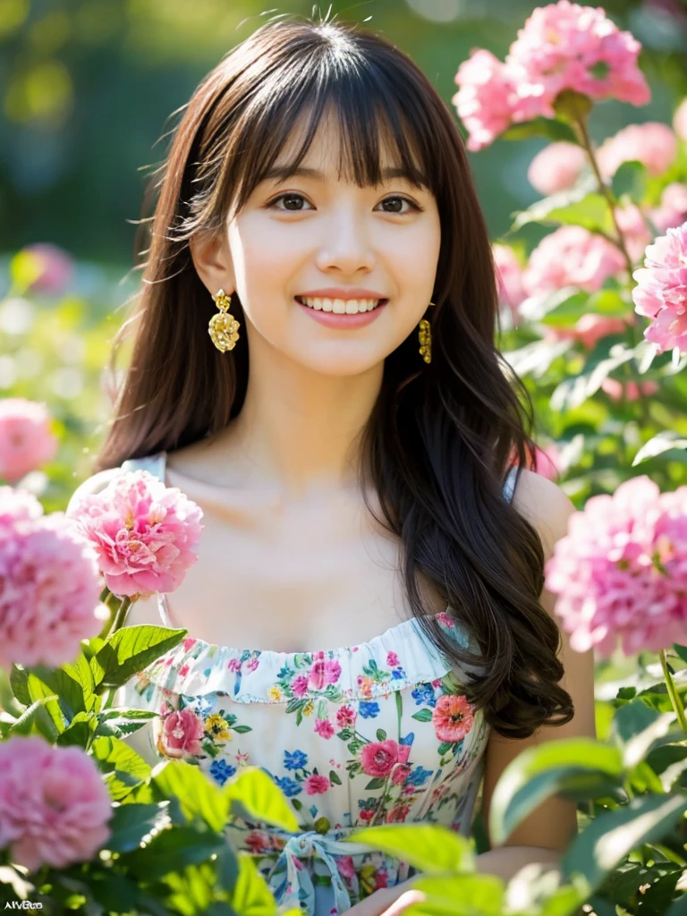 ((Masterpiece)), 8k, Masterpiece, Highest Quality, 1 Girl, Solo, Realistic, Garden, Photorealistic, Super Detailed, Detailed Background, (Solo: 1.4), Happy Expression, Slender Body, Realistic Highly detailed long hair, intricate details, masterpiece, top quality, waist shot, (flowery garden background)), smile, ((looking at camera)), earrings, long straight black hair, asymmetrical bangs, natural chest , colorful dress,
