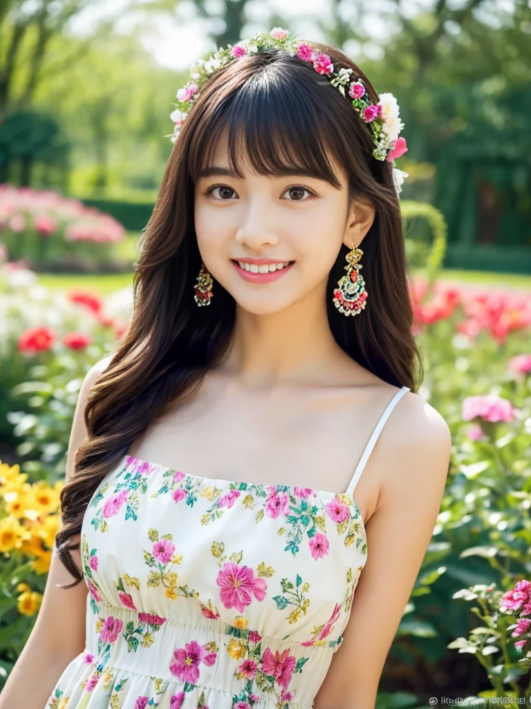 ((Masterpiece)), 8k, Masterpiece, Highest Quality, 1 Girl, Solo, Realistic, Garden, Photorealistic, Super Detailed, Detailed Background, (Solo: 1.4), Happy Expression, Slender Body, Realistic Highly detailed long hair, intricate details, masterpiece, top quality, waist shot, (flowery garden background)), smile, ((looking at camera)), earrings, long straight black hair, asymmetrical bangs, natural chest , colorful dress,