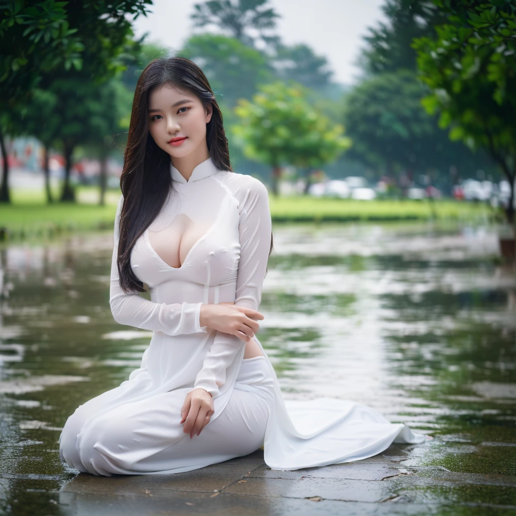 big breasts, round breasts, wearing bra inside ao dai, slim figure, beautiful figure, big breasts, long straight hair, ((sharp 8k quality photo)), ((details of beautiful, sharp face, face balanced) cho)), ((beautiful breasts, exposed cleavage, plump body), (( beautiful sparkling eyes, sharp eye details, beautiful face, balanced eyes)), (( sitting in the rain full body, wet ao dai revealing chest in the rain)), ((super beautiful body with high details, tight body with bust and slim waist)), ((round breasts, exposed chest, tight topless chest, nude, naked, no shirt)), ((it was raining heavily, there was no sunshine))