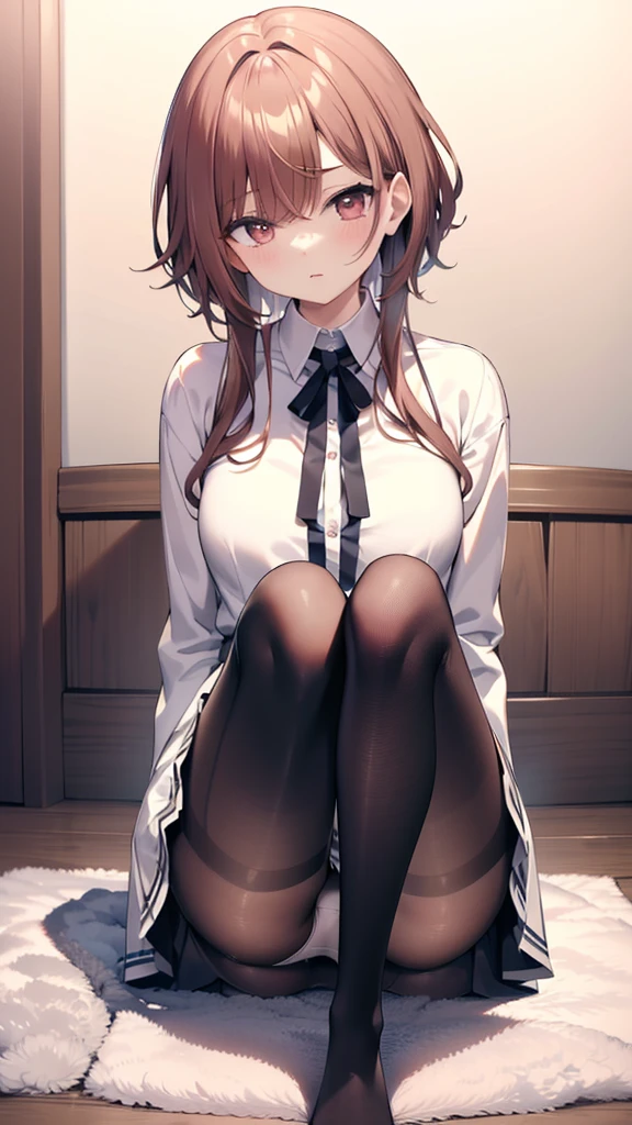 Highest quality, masterpiece, High resolution, (Head to Toe full body), front, frontやや下からの構図, Symmetric, Tall 18 year old girl, alone, (Head to Toe), (Small breasts), disheveled brown hair, bangs, (black tights), (Black Pantyhose), (Sit with your legs apart), (Crouching pose), (A composition showing white panties), (She has her legs spread and her white panties are visible.), (Sit on the floor with your legs spread), (M-shaped foot), Thin legs, とても美しくTall 18 year old girl, (No shoes), blush, Shy big eyes, Looking into the camera, Blazer Uniform, Checkered Pleated Skirt、Madoka Higuchi