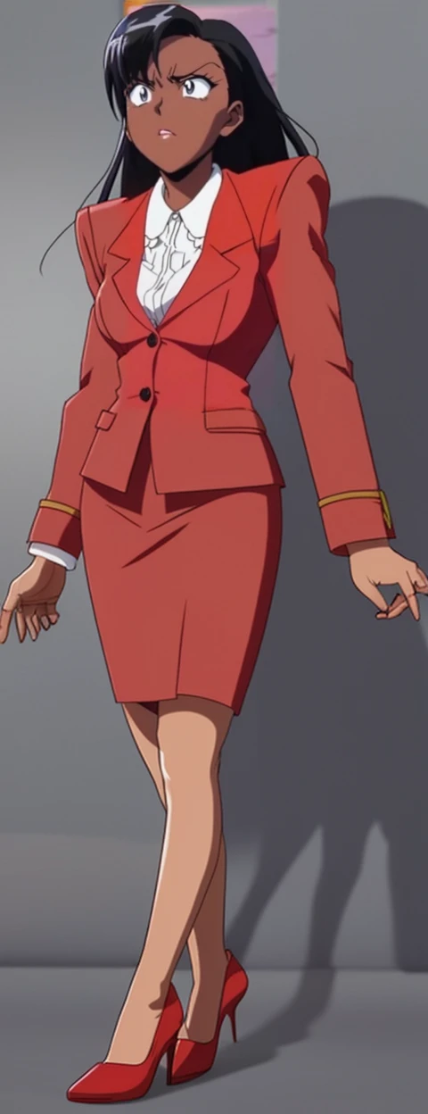 EVIL BLACK BUSINESS WOMAN WEARING A BLOUSE WITH A RED SKIRT SUIT 90s ANIME ARTSTYLE WITH RED HEELS FULL BODY