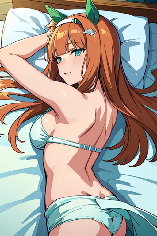 (masterpiece),(Highest quality:1.0), (Ultra-high resolution:1.0), Detailed illustrations, 8K, Pretty face, 全naked、naked、Big Breasts、night、 underwear, White underwear, whole body、bed、Animal ears, earrings, Horse tail、Cowboy Shot, Are sleeping, Lying on your back、indoor, Alluring expression、smile, Open your mouth