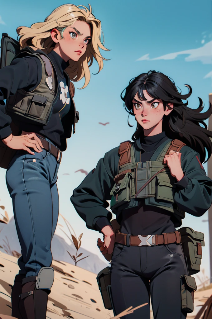 two girls, a black hair, Brown eyes, mexican traits, attractive face, black t-shirt, bulletproof vest, camouflaged pants. The other blonde, Russian and strong features, black t-shirt, black pantaloon. They both carry weapons, they are friends, both of the same age. They are on a mission