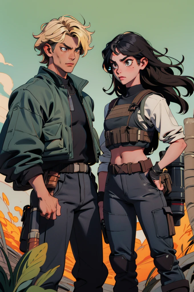 two girls, a black hair, Brown eyes, mexican traits, attractive face, black t-shirt, bulletproof vest, camouflaged pants. The other blonde, Russian and strong features, black t-shirt, black pantaloon. They both carry weapons, they are friends, both of the same age. They are on a mission
