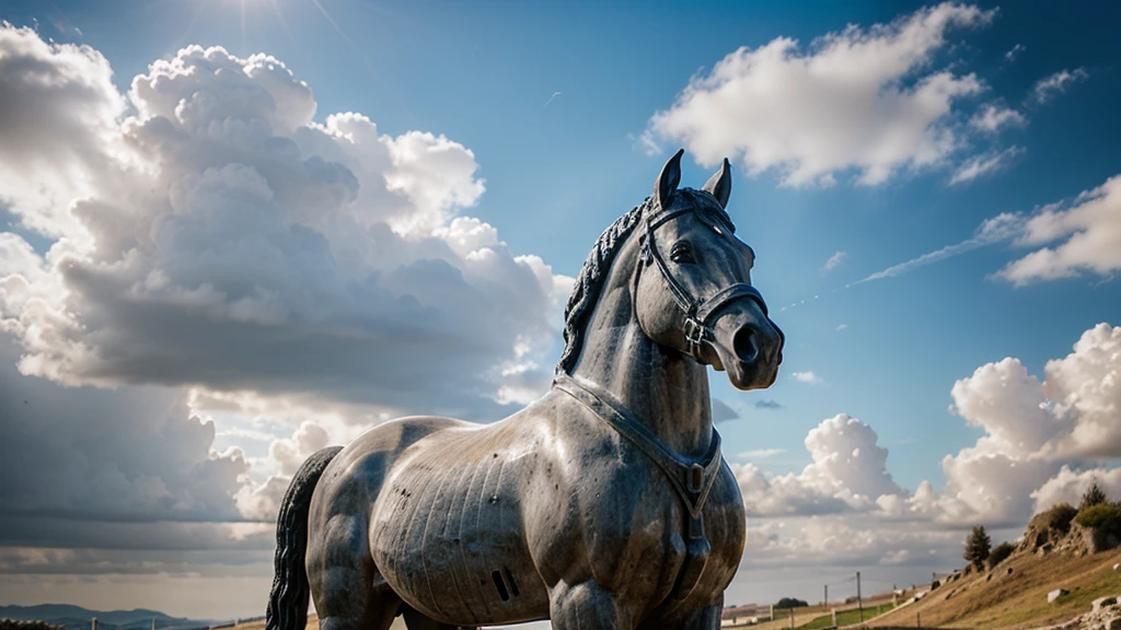 Greek horse standing in the clouds, stone , statue , perfect sky, lighting, eyeshadows, detaileds