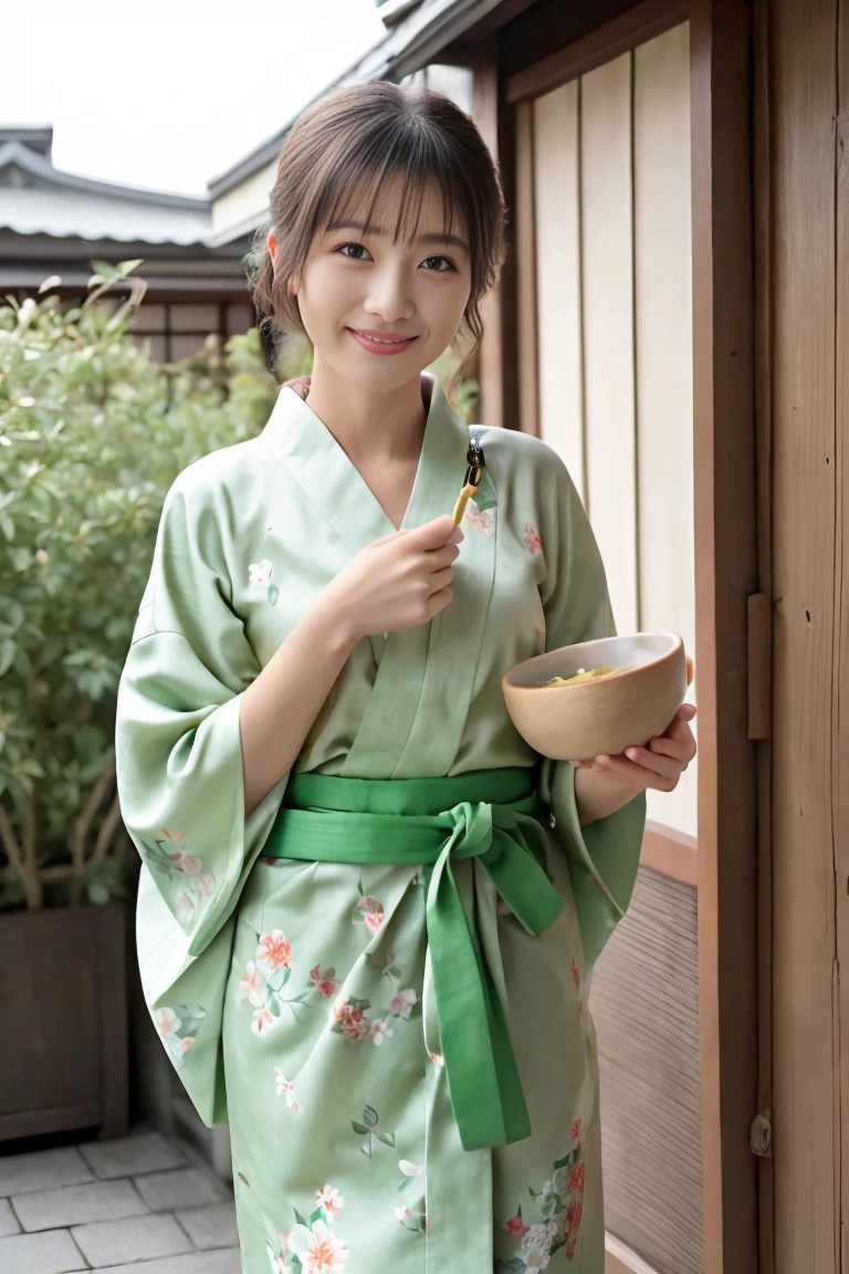 (Pose: The woman is standing outdoors, holding a bowl of green tea dessert with one hand and a spoon in the other, ready to take a bite. She is slightly angled towards the camera, giving a candid and natural look.)

(Angle: The angle is a mid-shot, focusing on her upper body and capturing the background details of a traditional Japanese street. The lighting is soft and natural, highlighting her and the surroundings beautifully.)

(Expression: She has a pleasant and slightly surprised expression, with her mouth slightly open as she looks at the camera. Her expression adds a sense of spontaneity and charm to the scene.)

(Outfit: The woman is dressed in a beautiful floral-patterned yukata (a casual summer kimono), with a green obi (belt) tied around her waist. She carries a matching green kinchaku (traditional Japanese drawstring bag), complementing her outfit and adding to the authenticity of the scene.)
