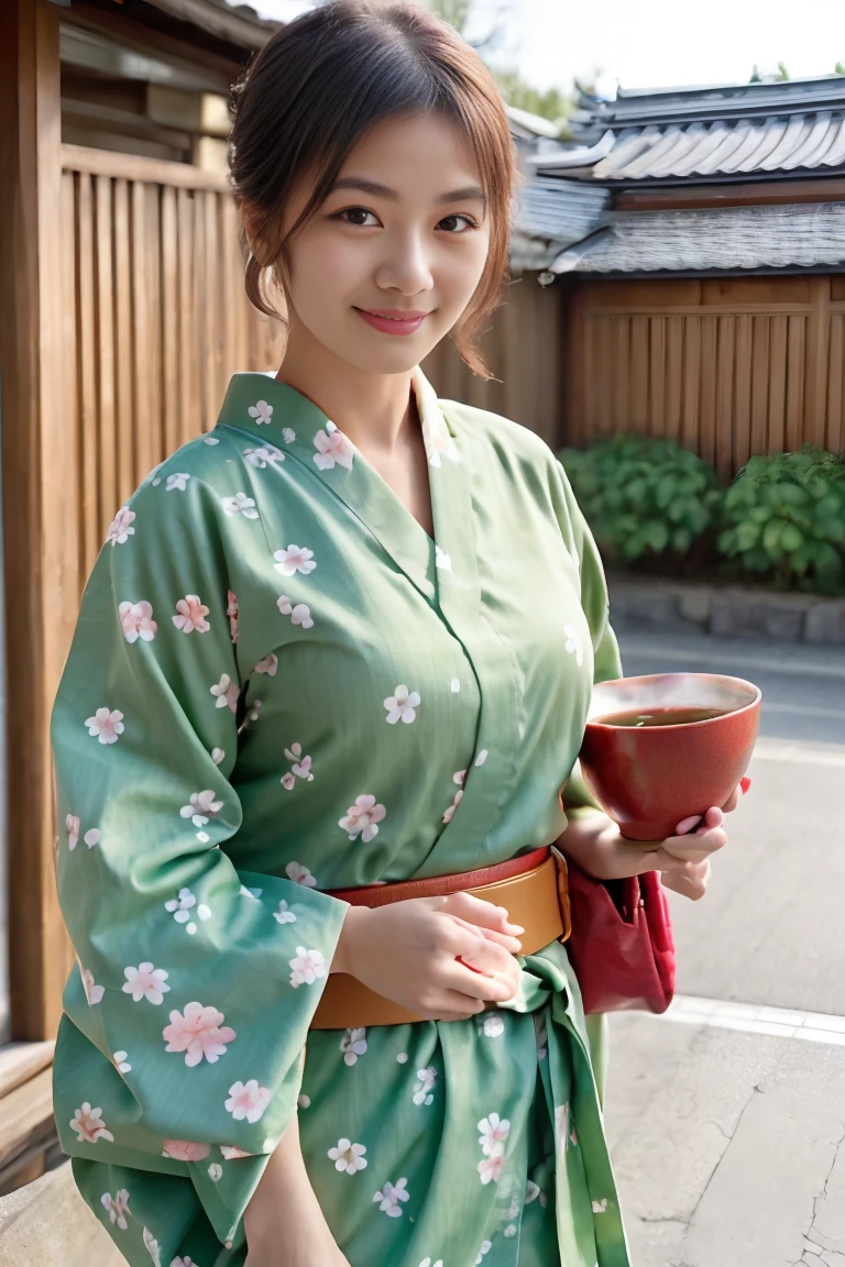 High Resolution, ​masterpiece, 1girl, alone, best quality, realistic,
blond hair, short hair,
(Pose: The woman is standing outdoors, holding a bowl of green tea dessert with one hand and a spoon in the other, ready to take a bite. She is slightly angled towards the camera, giving a candid and natural look.)
(Angle: The angle is a mid-shot, focusing on her upper body and capturing the background details of a traditional Japanese street. The lighting is soft and natural, highlighting her and the surroundings beautifully.)
(Expression: She has a pleasant and slightly surprised expression, with her mouth slightly open as she looks at the camera. Her expression adds a sense of spontaneity and charm to the scene.)
(Outfit: The woman is dressed in a beautiful floral-patterned yukata (a casual summer kimono), with a green obi (belt) tied around her waist. She carries a matching green kinchaku (traditional Japanese drawstring bag), complementing her outfit and adding to the authenticity of the scene.)
(sexy woman), (20 age old), evil smile , aroused, gros seins couverts, regard magnifique, cheveux blonds, 25 ans, jeune femme 4K, HDR.  (James C. Christensen:1.2|Jeremy Lipking:1.1), fit, sporty, Amazonian structure, muscular physique, Muscular arms, erotic beautiful body of a queen,
(Dynamic camera:1.2), (​masterpiece), (best quality:1.2), Intricate detailing, Skin deepening
(Very detailed skin:1.2), shadows, contrast, cinematic lights ultra high resolution, Kodak vision colors, extremadamente detallado, Realistic, maximum details, real life, fotorrealismo, 8K UHD, 4K, ultra-detailed,